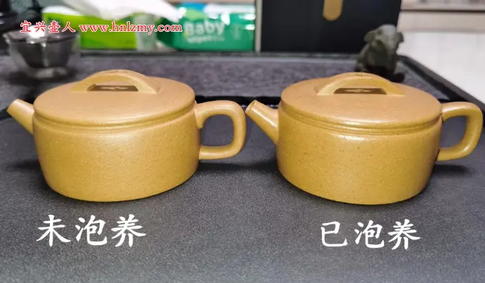 黃金段泥紫砂壺泡養對比圖